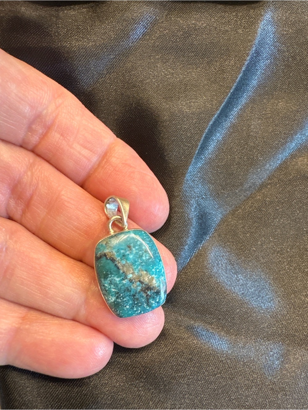 925 Sterling Silver Chrysocolla Pendant Blue Green Natural Gemstone Cabochon